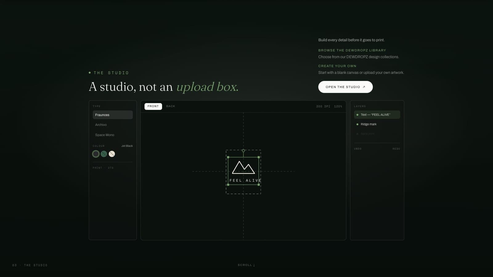Design studio — dewdropz.shop/customize